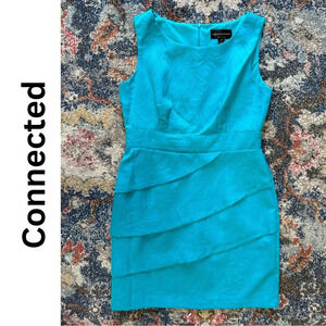 Connected Sleeveless Midi Dress Turquoise Jacquard Layered Dress Back Zipper 10P